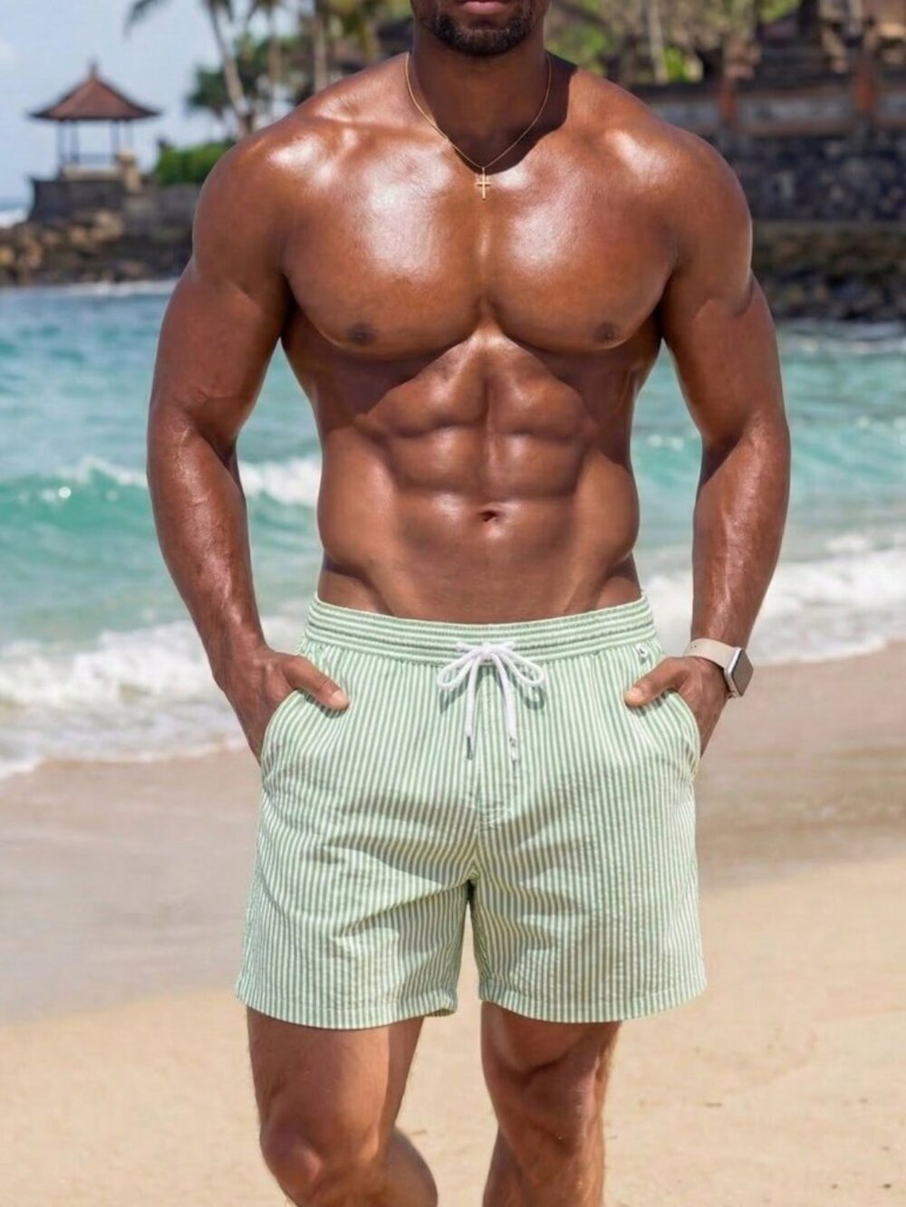 Multicolor Men's Vertical Striped Drawstring Waist Swim Trunks - Picture 5 of 5